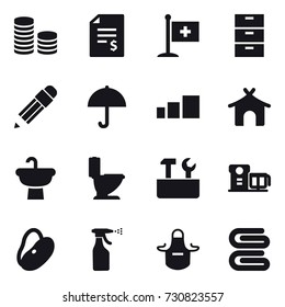 16 vector icon set : coin stack, account balance, pencil, bungalow, toilet, repair tools, sprayer, apron, stack of towels