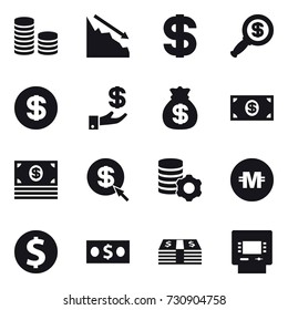16 vector icon set : coin stack, crisis, dollar, dollar magnifier, investment, money bag, money, dollar arrow, virtual mining, crypto currency, dollar coin, atm
