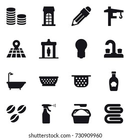 16 vector icon set : coin stack, building, pencil, tower crane, detector, bulb, water tap, bath, kolander, colander, coffee seeds, sprayer, washing powder, stack of towels