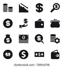 16 vector icon set : coin stack, crisis, dollar, dollar magnifier, investment, wallet, purse, money bag, money, dollar arrow, virtual mining, crypto currency, dollar coin
