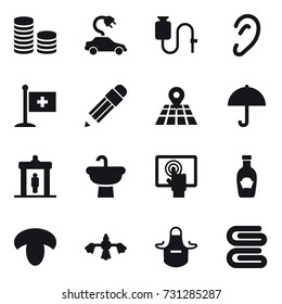 16 vector icon set : coin stack, electric car, pencil, detector, mushroom, hard reach place cleaning, apron, stack of towels