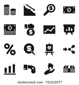 16 vector icon set : coin stack, crisis, dollar magnifier, money, money gift, statistic, presentation, percent, dollar arrow, core splitting, graph up, hand coin, real estate