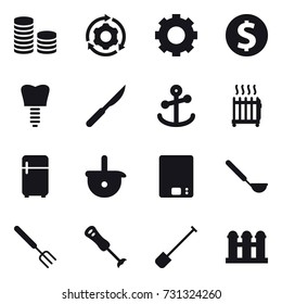 16 vector icon set : coin stack, around gear, gear, dollar coin, radiator, fridge, kitchen scales, ladle, big fork, shovel, grain elevator