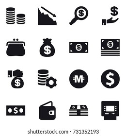 16 vector icon set : coin stack, crisis, dollar magnifier, investment, purse, money bag, money, money gift, virtual mining, crypto currency, dollar coin, wallet, atm