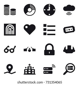 16 vector icon set : coin stack, circle diagram, clock, cloud wireless, fingerprint, heart, list, ticket, drawbridge, lock, building helmet, hotel