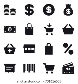 16 vector icon set : coin stack, dollar, money bag, money, shopping bag, add to cart, basket, add to basket, market, percent, atm receipt, credit card