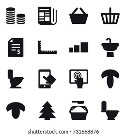 16 vector icon set : coin stack, newspaper, basket, account balance, ruler, toilet, mushroom, spruce, washing powder