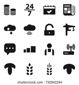 16 vector icon set : coin stack, 24/7, calendar, newspaper, cloude service, cloud wireless, unlock, tower crane, spikelets, mushroom