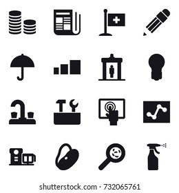 16 vector icon set : coin stack, newspaper, pencil, detector, bulb, water tap, repair tools, viruses, sprayer