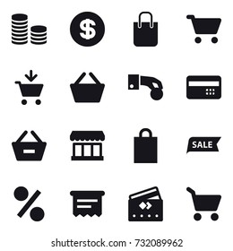 16 vector icon set : coin stack, dollar, shopping bag, cart, add to cart, basket, hand coin, credit card, remove from basket, market, sale, percent, atm receipt