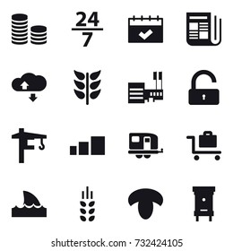 16 vector icon set : coin stack, 24/7, calendar, newspaper, cloude service, mall, unlock, tower crane, trailer, baggage trolley, shark flipper, spikelets, mushroom, hive