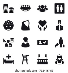 16 Vector Icon Set : Coin Stack, Team, Group, Wc, Architector, Check In, Passenger, Hospital, Chair For Babies, Skyscapers Cleaning, Cleaner