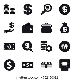 16 vector icon set : coin stack, dollar, dollar magnifier, investment, wallet, purse, money bag, money, dollar arrow, virtual mining, crypto currency, dollar coin, atm
