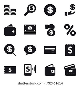 16 vector icon set : coin stack, dollar magnifier, dollar, investment, wallet, money, money gift, percent, dollar arrow, money message, credit card, receipt, mobile pay