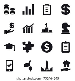 16 vector icon set : coin stack, graph, clipboard, dollar, investment, diagram, pedestal, chess horse, graduate hat, puzzle, dollar coin, mobile checking, golf, housing