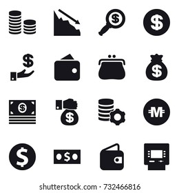 16 vector icon set : coin stack, crisis, dollar magnifier, dollar, investment, wallet, purse, money bag, money, money gift, virtual mining, crypto currency, dollar coin, atm