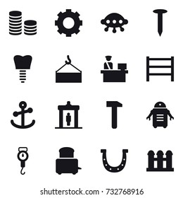 16 vector icon set : coin stack, gear, ufo, nail, detector, handle scales, horseshoe, grain elevator