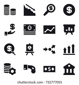 16 vector icon set : coin stack, crisis, dollar magnifier, dollar, investment, money, statistic, presentation, dollar arrow, core splitting, graph up, virtual mining, hand coin, library