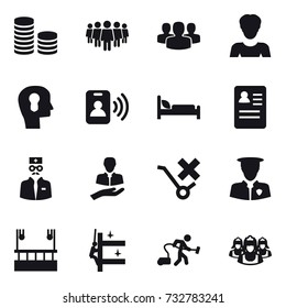 16 vector icon set : coin stack, team, group, woman, bulb head, pass card, skyscapers cleaning, skyscrapers cleaning, vacuum cleaner, outsource