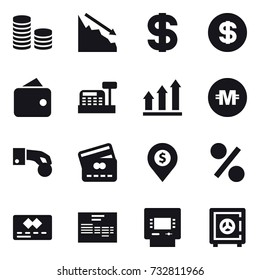 16 vector icon set : coin stack, crisis, dollar, wallet, cashbox, graph up, crypto currency, hand coin, credit card, dollar pin, percent, atm, safe