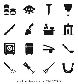 16 vector icon set : coin stack, ufo, nail, construction, detector, safe, fridge, garlic clasp, ladle, big fork, fork, horseshoe