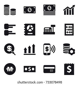 16 vector icon set : coin stack, money, diagram, annual report, cashbox, abacus, dollar arrow, graph up, phone pay, virtual mining, crypto currency, credit card, receipt