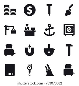 16 vector icon set : coin stack, dollar coin, nail, construction, safe, toaster, kitchen scales, handle scales, knife holder