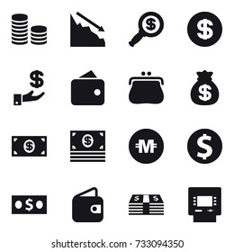 16 vector icon set : coin stack, crisis, dollar magnifier, dollar, investment, wallet, purse, money bag, money, crypto currency, dollar coin, atm
