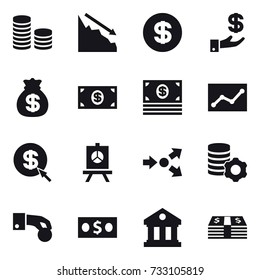 16 vector icon set : coin stack, crisis, dollar, investment, money bag, money, statistic, dollar arrow, presentation, core splitting, virtual mining, hand coin, library