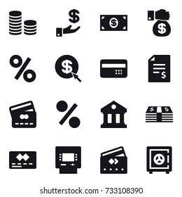 16 vector icon set : coin stack, investment, money, money gift, percent, dollar arrow, credit card, account balance, library, atm, safe