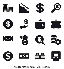 16 vector icon set : coin stack, crisis, dollar, dollar magnifier, investment, wallet, purse, money, money gift, dollar arrow, virtual mining, dollar coin, atm