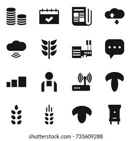 16 vector icon set : coin stack, calendar, newspaper, cloude service, cloud wireless, mall, spikelets, mushroom, hive