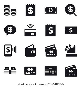 16 vector icon set : coin stack, receipt, money, dollar arrow, money message, tap to pay, mobile pay, wallet, credit card, cashbox