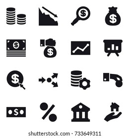 16 vector icon set : coin stack, crisis, dollar magnifier, money bag, money, money gift, statistic, presentation, dollar arrow, core splitting, virtual mining, hand coin, percent, library