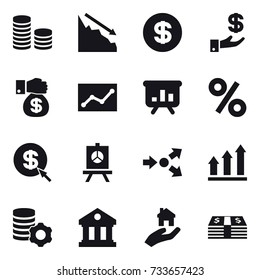 16 vector icon set : coin stack, crisis, dollar, investment, money gift, statistic, presentation, percent, dollar arrow, core splitting, graph up, virtual mining, library, real estate
