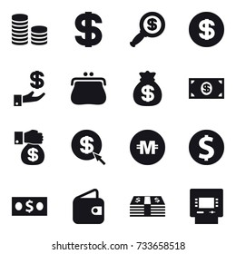 16 vector icon set : coin stack, dollar, dollar magnifier, investment, purse, money bag, money, money gift, dollar arrow, crypto currency, dollar coin, wallet, atm