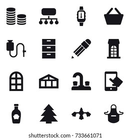 16 vector icon set : coin stack, structure, smartwatch, basket, pencil, building, arch window, greenhouse, water tap, spruce, hard reach place cleaning, apron