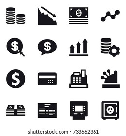 16 vector icon set : coin stack, crisis, money, graph, dollar arrow, money message, graph up, virtual mining, dollar coin, credit card, cashbox, atm, safe