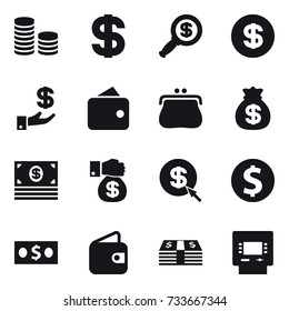 16 vector icon set : coin stack, dollar, dollar magnifier, investment, wallet, purse, money bag, money, money gift, dollar arrow, dollar coin, atm