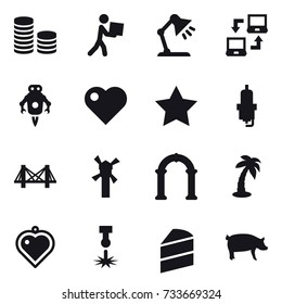 16 vector icon set : coin stack, courier, table lamp, notebook connect, jet robot, heart, star, spark plug, bridge, windmill, arch, palm, heart pendant, pig