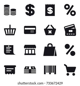 16 vector icon set : coin stack, dollar, receipt, percent, basket, credit card, delete cart, shopping list, market, shopping bag, atm receipt, cart