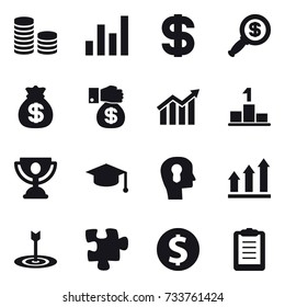 16 vector icon set : coin stack, graph, dollar, dollar magnifier, money bag, money gift, diagram, pedestal, trophy, graduate hat, bulb head, graph up, target, puzzle, dollar coin