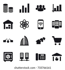 16 vector icon set : coin stack, graph, group, warehouse, atom, phone wireless, server, drawbridge, skyscraper, houses, safe