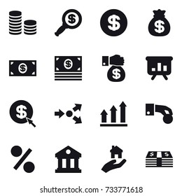 16 vector icon set : coin stack, dollar magnifier, dollar, money bag, money, money gift, presentation, dollar arrow, core splitting, graph up, hand coin, percent, library, real estate