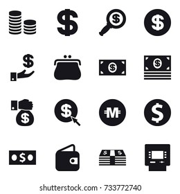 16 vector icon set : coin stack, dollar, dollar magnifier, investment, purse, money, money gift, dollar arrow, crypto currency, dollar coin, wallet, atm