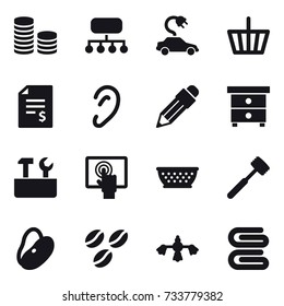 16 vector icon set : coin stack, structure, electric car, basket, account balance, pencil, nightstand, repair tools, kolander, meat hammer, coffee seeds, hard reach place cleaning, stack of towels