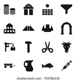 16 vector icon set : coin stack, gift, sun power, funnel, cottage, pyramid, building helmet, arch, scissors, cow, trailer, jug, fish, syringe