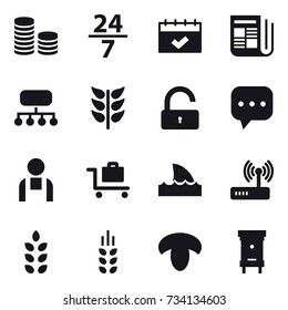 16 vector icon set : coin stack, 24/7, calendar, newspaper, structure, unlock, baggage trolley, shark flipper, spikelets, mushroom, hive