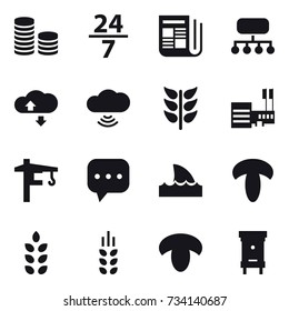 16 vector icon set : coin stack, 24/7, newspaper, structure, cloude service, cloud wireless, mall, tower crane, shark flipper, spikelets, mushroom, hive