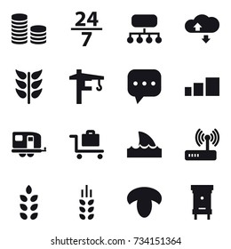 16 vector icon set : coin stack, 24/7, structure, cloude service, tower crane, trailer, baggage trolley, shark flipper, spikelets, mushroom, hive